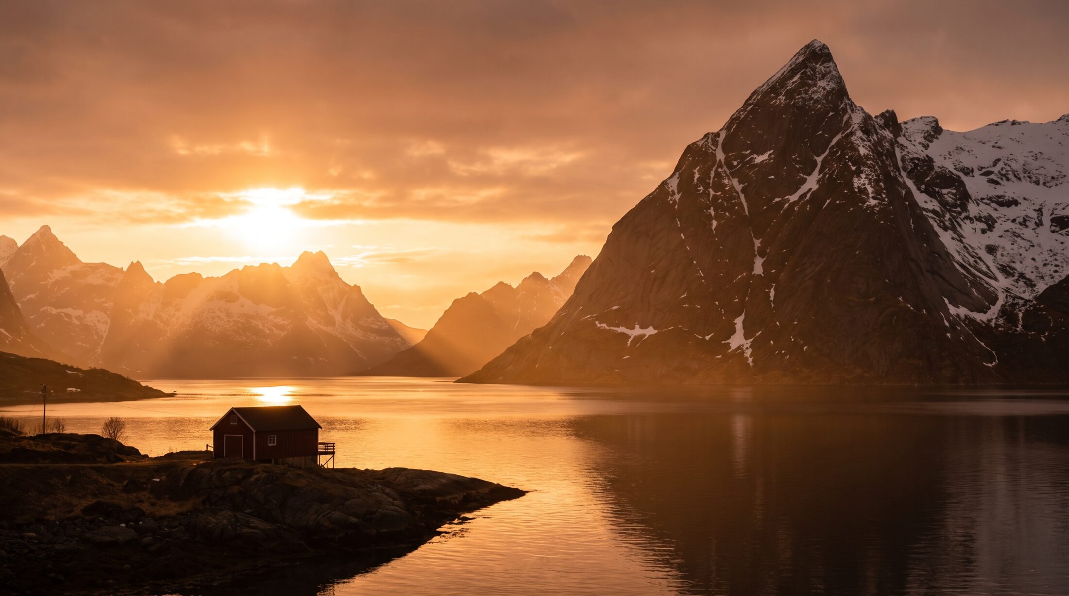 Golden hour light over the fjords and peaks of Senja, Norway.
